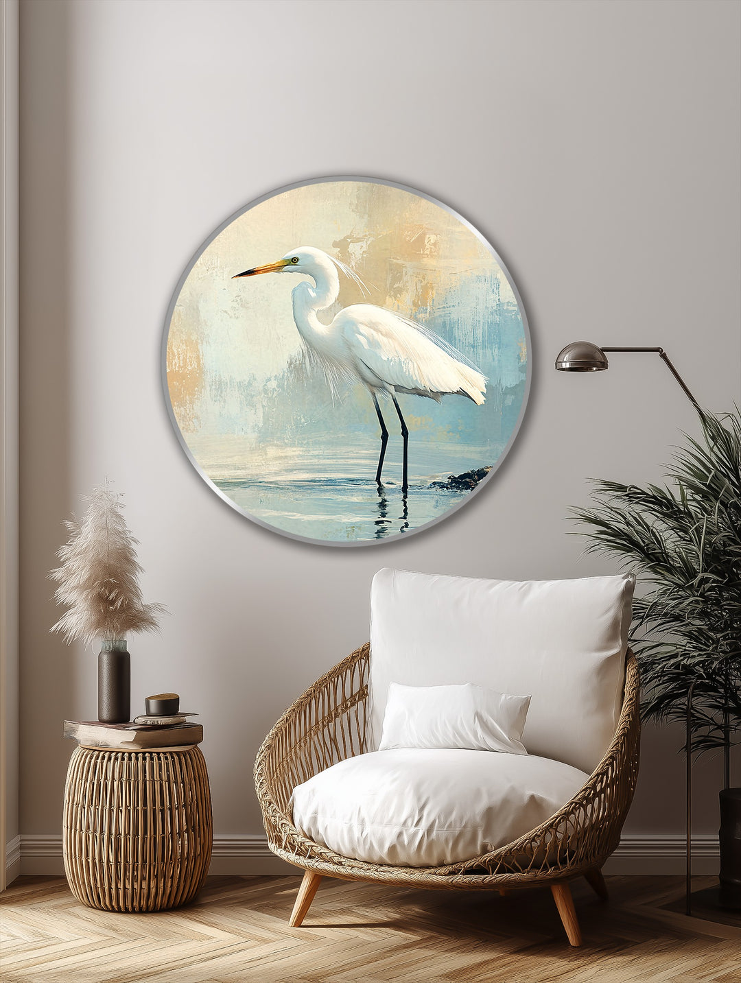 Morning Stillness – White Egret Coastal Oil Painting
