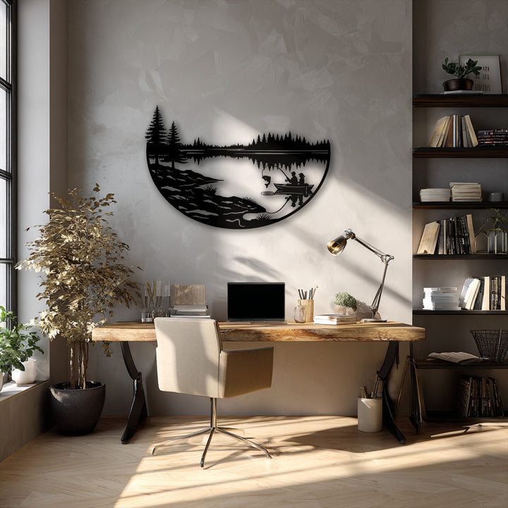 The realistic detail of this peaceful fishing lake metal decoration wall art vividly portrays a serene forest and boat scene.