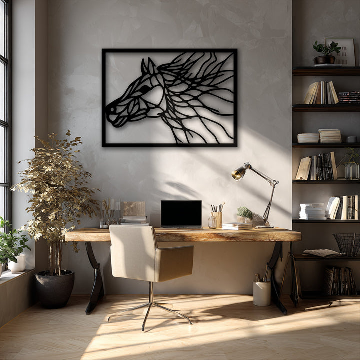A rectangular, horizontally oriented abstract horse portrait metal wall decor, featuring wild lines within its distinctive shape.
