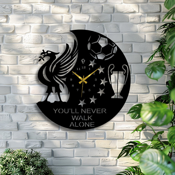 Depicting the unique metal wall art, the darkest area of this victory spirit metal wall clock highlights the liver bird crest and motivational football fan design.