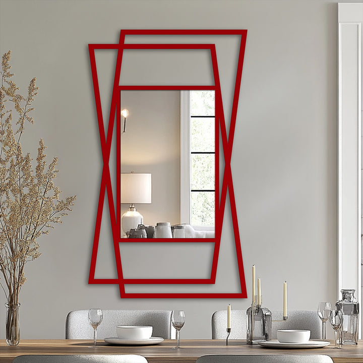 The focal point highlights the reflective surface of the minimalist angular frame floor mirror, offering a modern take on stained glass wall mirror design with its geometric layering.