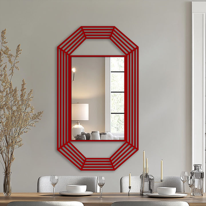 Geometric frame showcases the abstract quality of this octagonal line frame floor mirror, a modern mirror that adds visual interest with its black metal design.