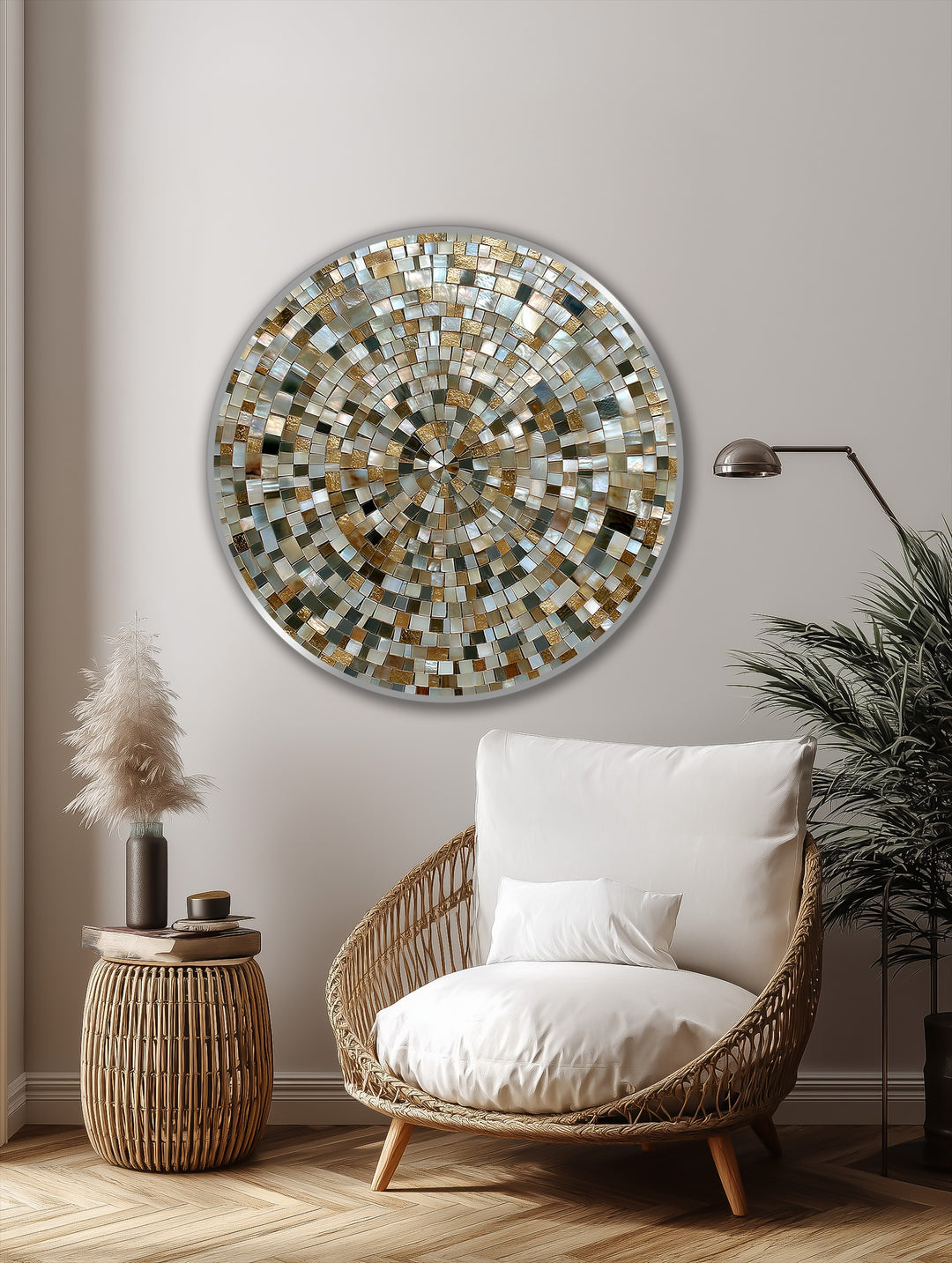 Light and shadow play across the Golden Spiral Harmony, enhancing the texture of this oil painting artwork with its gold and pearl mosaic pattern.