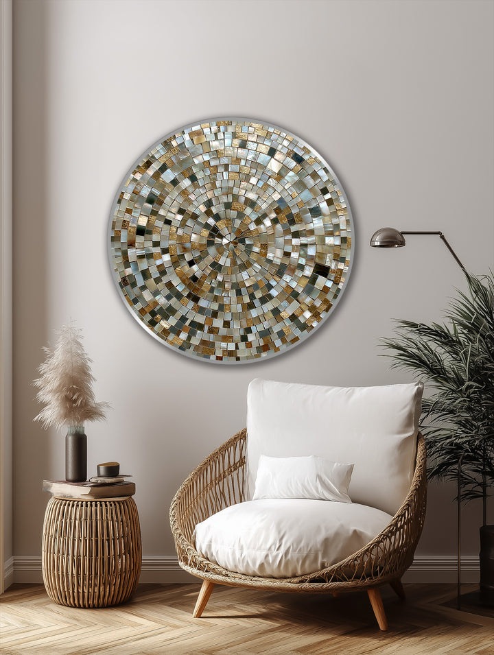 Light and shadow play across the Golden Spiral Harmony, enhancing the texture of this oil painting artwork with its gold and pearl mosaic pattern.