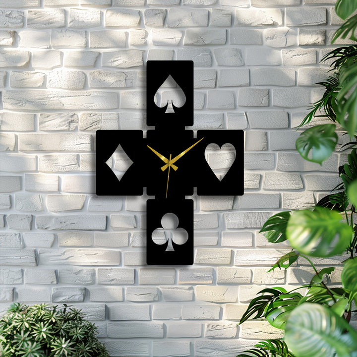 Showcasing a smooth matte black finish, this unique metal wall art playing card symbols clock enhances modern decor.