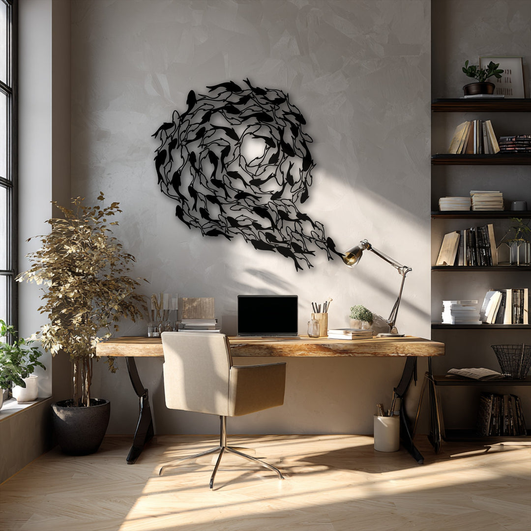 The intricate negative space defines the swirling koi fish circle metal wall decor, creating a dynamic sense of flowing harmony.