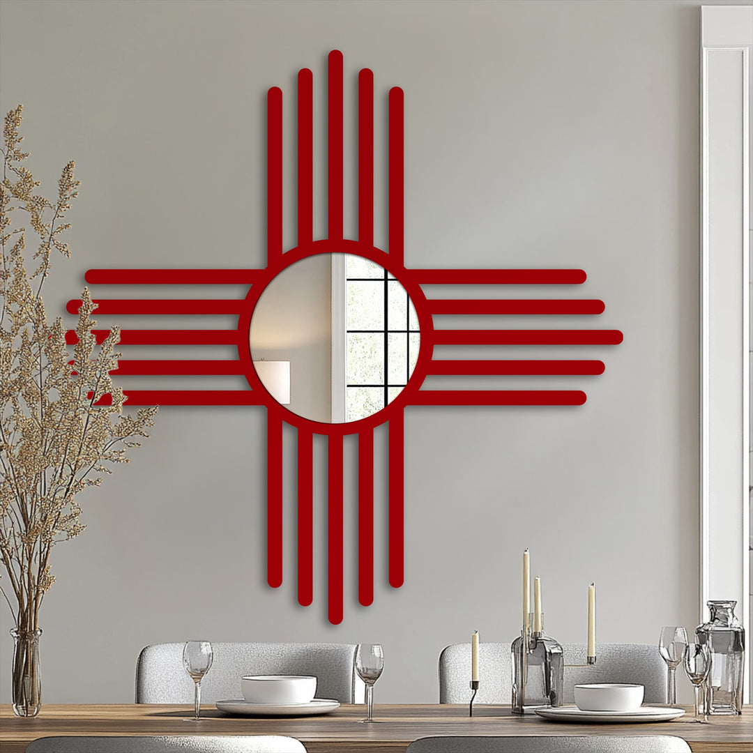 Foreground tabletop features a minimalist cross line mirror with red frame, reflecting light, adding a touch of modern design and decorating with wall mirrors.