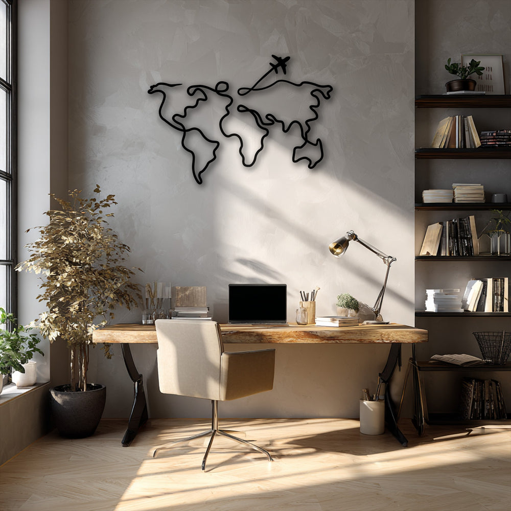 The light grey wall highlights the minimalist world map decorative metal art with an airplane detail, enhancing the modern home office.
