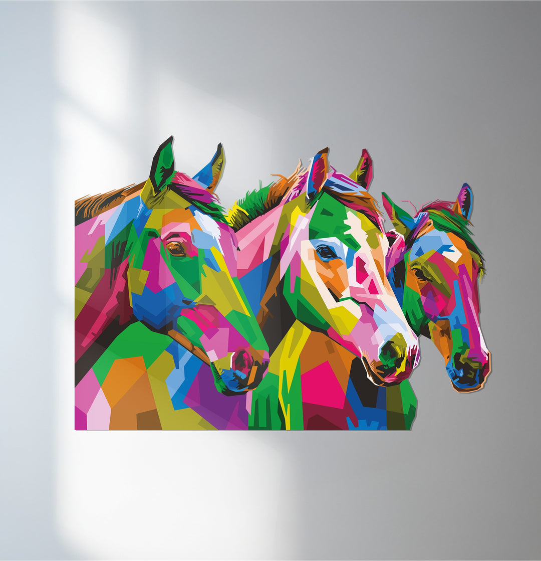 Trio of colorful horses metal wall art in modern abstract design