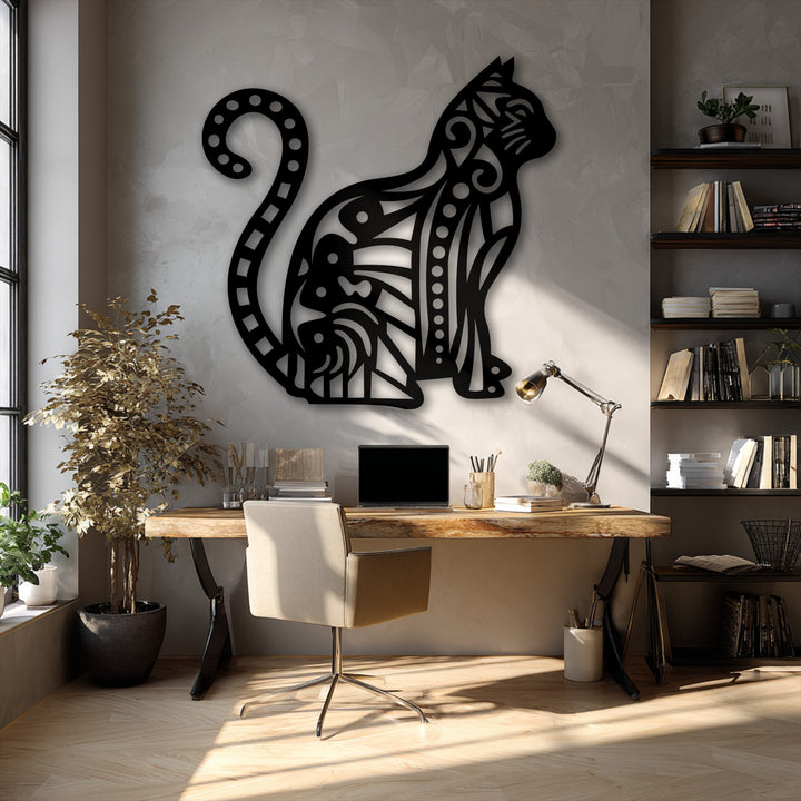 The vertically oriented cat-shaped decoration wall art features an intricate ornamental silhouette, adding a stylish pattern to the modern room.
