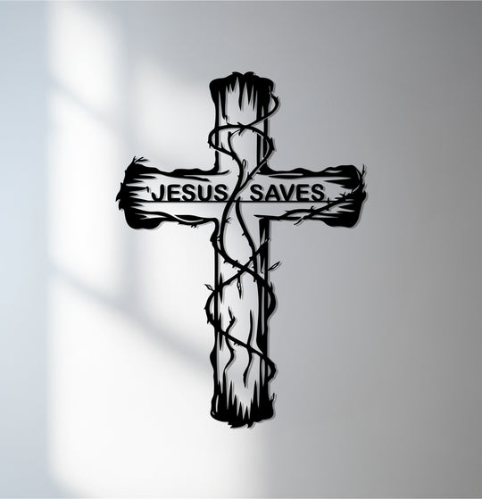 Somber metal art for wall conveys a deeply spiritual and reflective mood, highlighting the inspirational 'Jesus Saves' cross design in Christian home decor.