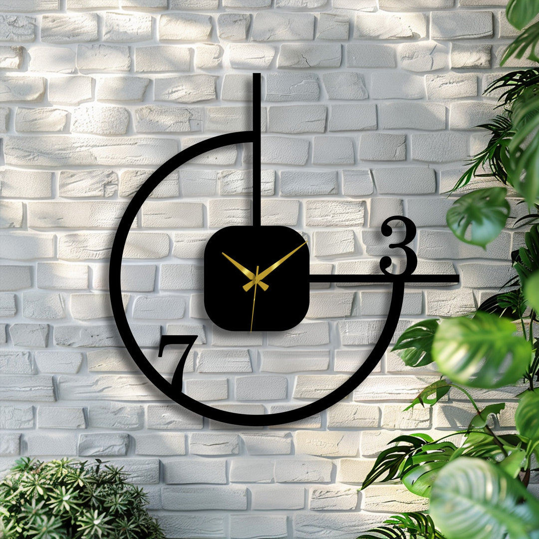 The minimalist geometric metal wall clock, the central subject, features a modern abstract circle design offering a unique metal art for wall home decoration.