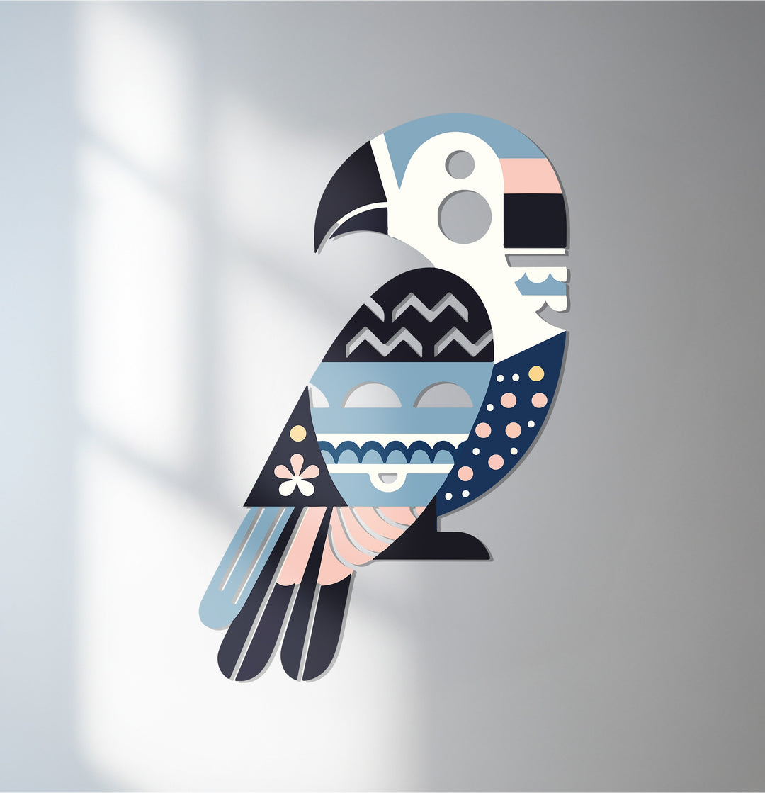 Geometric parrot metal wall art with modern design and pastel tones