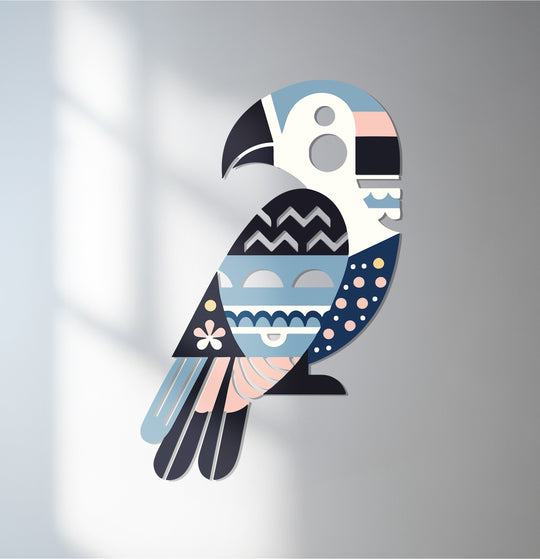 With cool and warm hues contrasting, this decoration wall art displays a geometric parrot in shades of blue, peach, and black, creating a visually striking modern bird decor piece.