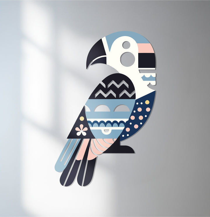 Geometric parrot metal wall art with modern design and pastel tones