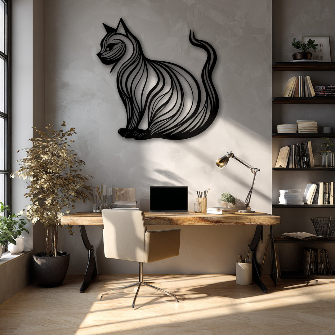 The calm and inviting mood of a modern workspace is enhanced by an elegant minimalist cat silhouette metal artwork, bathed in warm sunlight.