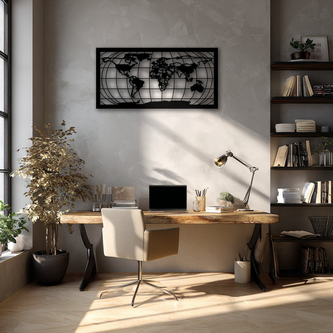 A multi-layered unique metal wall art world map grid silhouette creates intriguing depth against a textured wall above a wooden desk.
