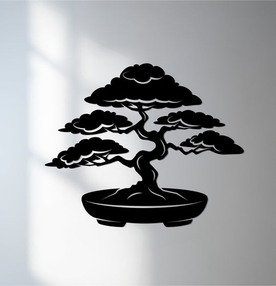 The focal point showcases a black metal serene bonsai essence, making it a captivating decoration wall art representing a Japanese tree.