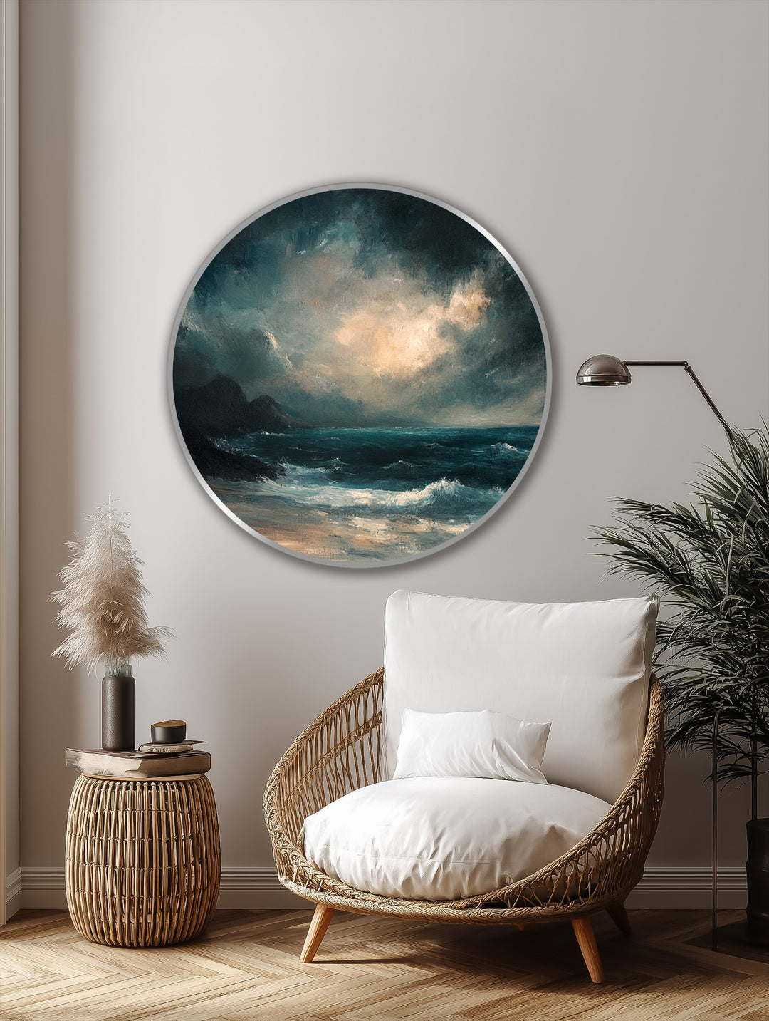 In the background, the Tempest Horizon round oil painting artwork depicts a dramatic seascape under a glowing, turbulent sky, creating a striking coastal scene.