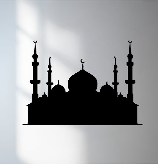 Silhouette of the Grand Mosque, a black decoration wall art piece, stands out as the loudest element, an Islamic metal artwork inspired by faith and Ramadan.