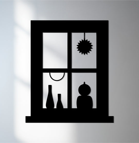 The square edge and borders of this metal decoration wall art depict a modern window silhouette with decorative elements inside each pane.