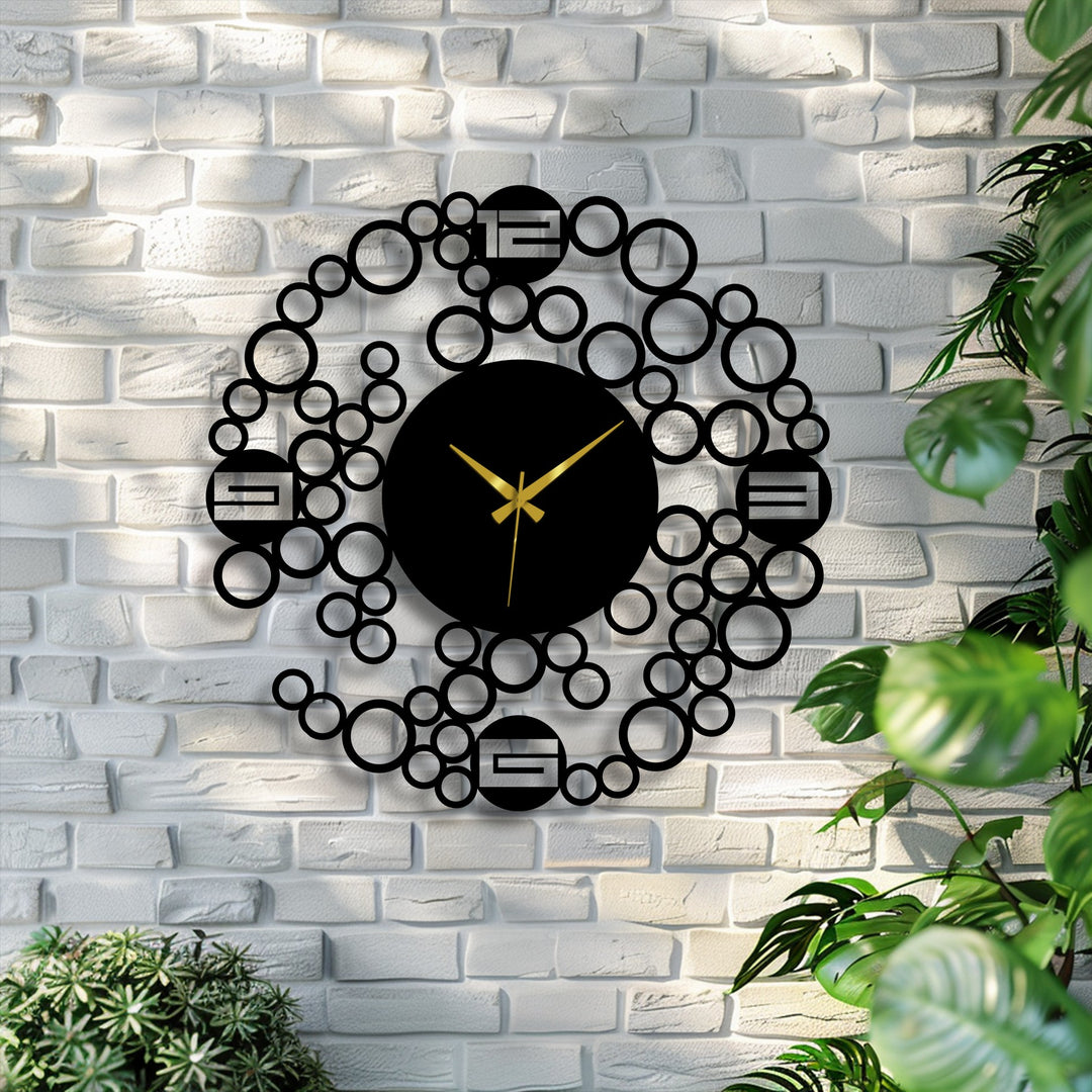 Captivating modern bubble ring metal artwork wall clock, featuring a minimal geometric circle design and elegant gold hands as the central subject.
