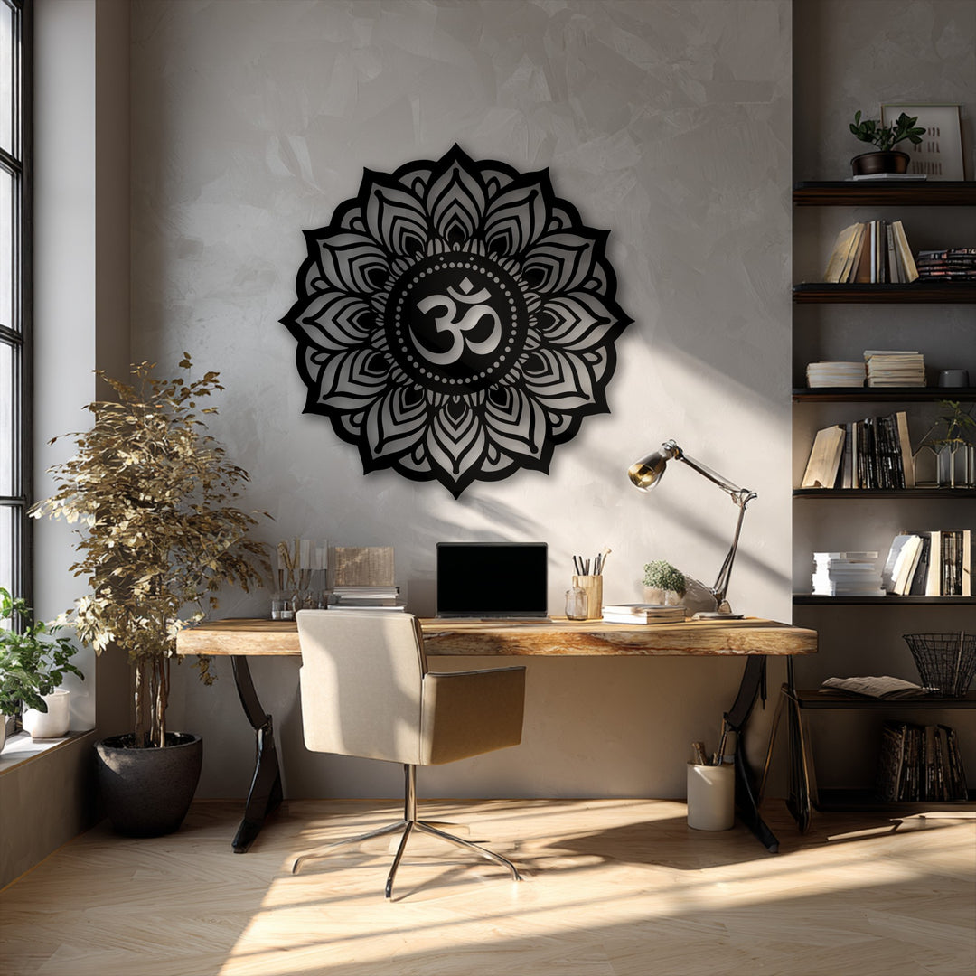 A deeply layered spiritual Om Mandala metal artwork creates striking visual depth with intricate cutouts and cast shadows on a textured wall.