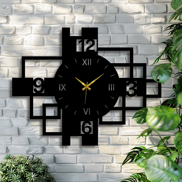 The stillness of time captured by this modern geometric metal wall clock with roman numerals as a unique metal wall art piece against a textured wall.