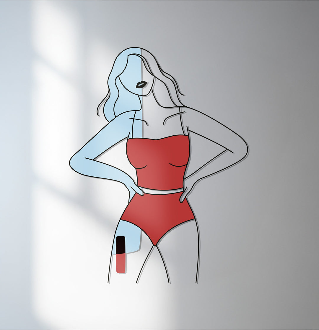Confident woman in red metal wall art with minimalist design