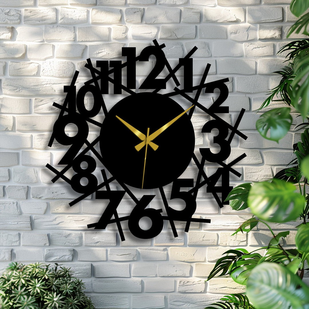 Scattered metal numbers define this decoration wall art piece, a modern wall clock creating a captivating, abstract focal point with its unusual chaotic design.