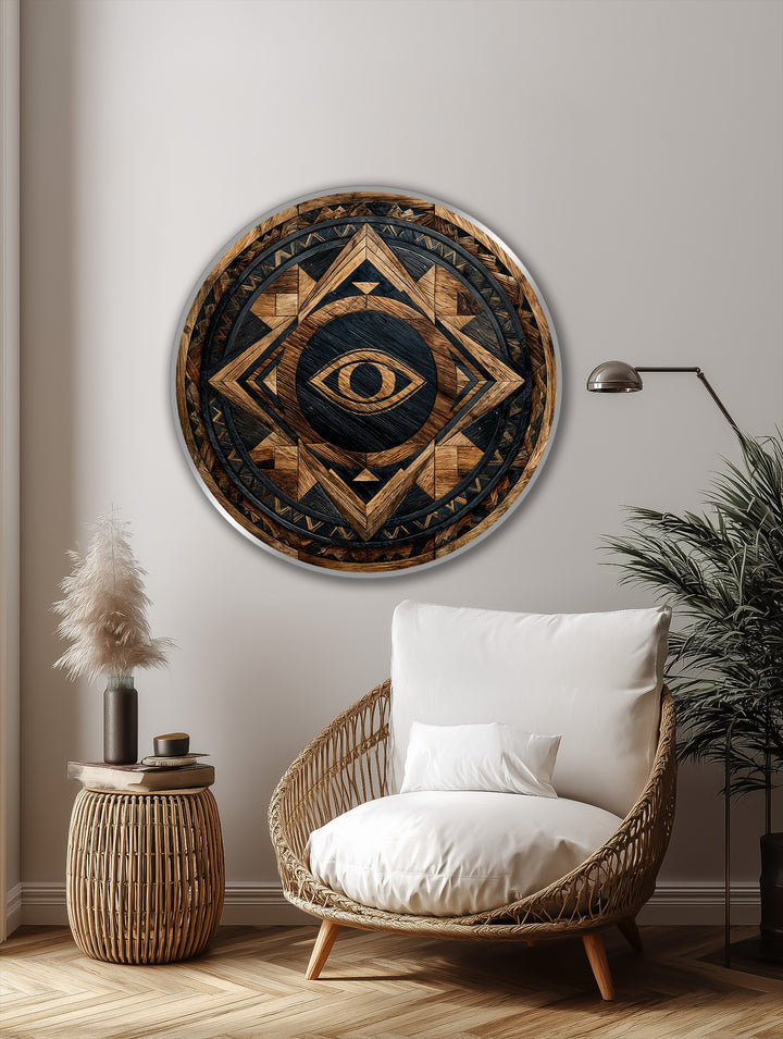 Featuring geometric patterns and a central eye motif, this rustic round oil painting decoration showcases a tribal guardian eye in rich, contrasting tones.