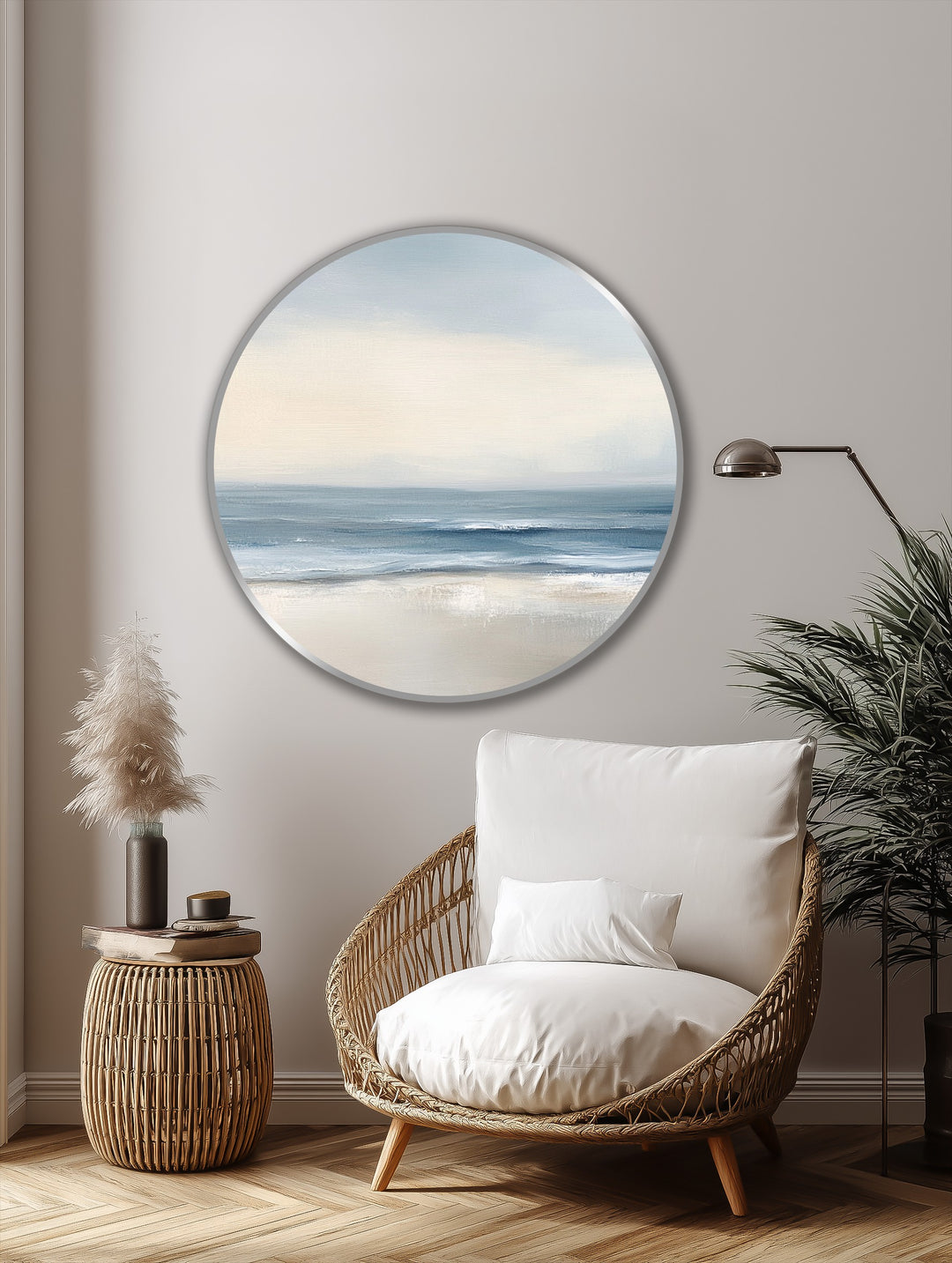 Softly lit, neutral-toned background complements the minimalist coastal round oil painting, enhancing the serene ambiance of this oil painting home decor.