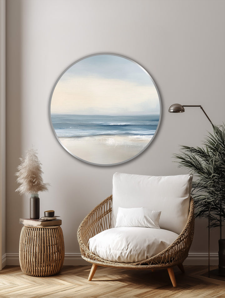 Softly lit, neutral-toned background complements the minimalist coastal round oil painting, enhancing the serene ambiance of this oil painting home decor.