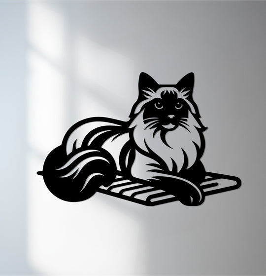 Foreground detail shows the elegant feline unique metal wall art of a majestic longhair cat lying on a slatted mat.
