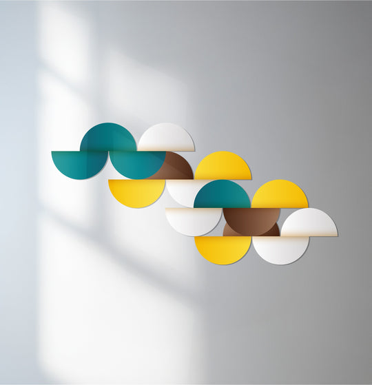 High color saturation enhances this decorative metal art piece, where geometric circles in teal, yellow, brown, and white create an abstract design.