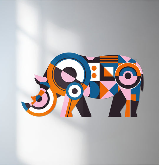 A sense of playful sophistication is evoked with this geometric rhino, a piece of unique metal wall art, displaying colorful segments and a compelling abstract form.