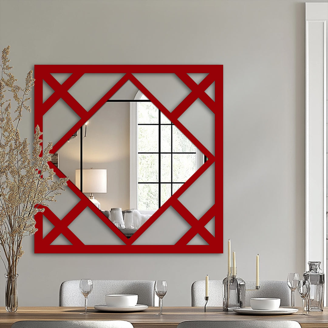 Negative space defines the square decorative mirror with diamond lines, creating a modern geometric design on this eye-catching wall accent.