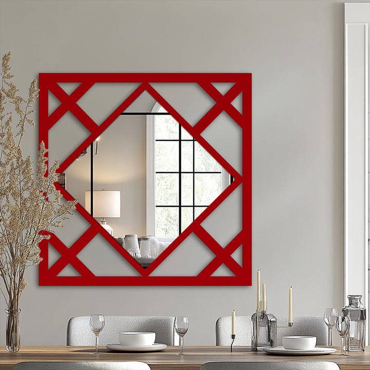Negative space defines the square decorative mirror with diamond lines, creating a modern geometric design on this eye-catching wall accent.