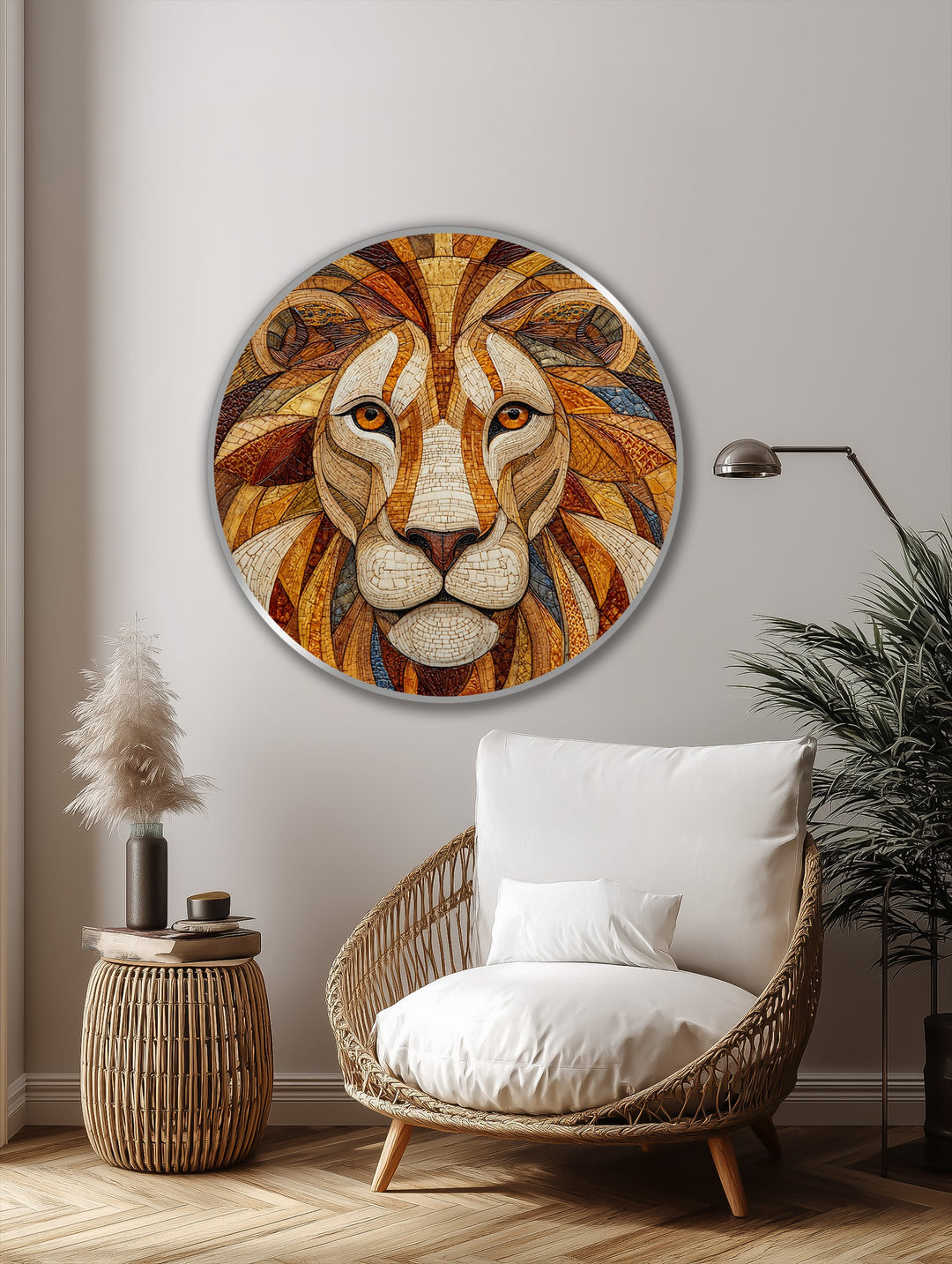 Golden Dominion – Retrato de león en mosaico redondo Cuadro al óleo