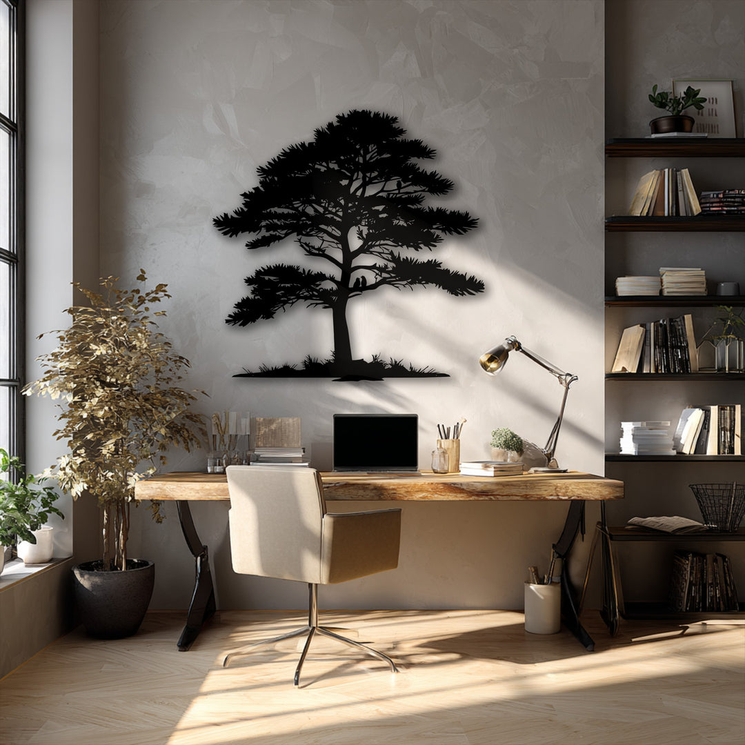 The striking geometric silhouette of the Whispering Pines tree metal art for wall dominates, complemented by rectilinear furniture and patterned flooring.