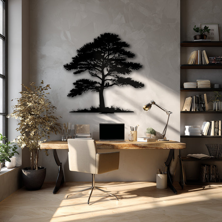 The striking geometric silhouette of the Whispering Pines tree metal art for wall dominates, complemented by rectilinear furniture and patterned flooring.