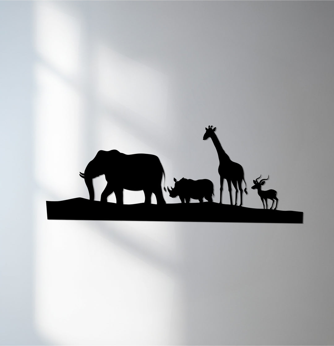 Safari wildlife metal wall art with elephant, giraffe, rhino, and antelope
