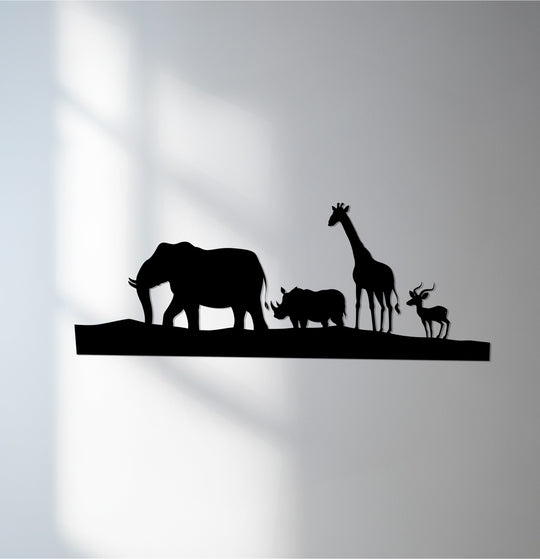 Echoing the wild spirit of Africa, the safari wildlife silhouette metal art for wall captures the rhythmic stride of elephants, giraffes, rhinos, and antelopes.