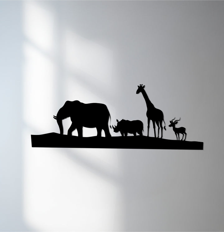 Safari wildlife metal wall art with elephant, giraffe, rhino, and antelope