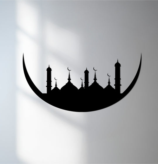 Crisply-defined edges showcase this crescent moon mosque silhouette in our Islamic metal wall decor, adding a modern flair to the border of your home.