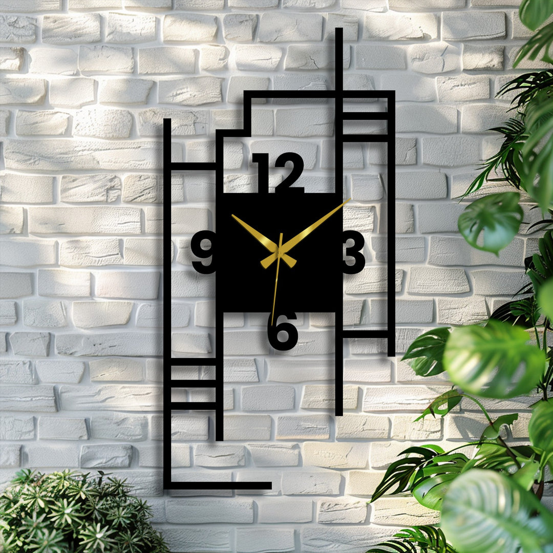 The edge and borders of this modern metal wall clock showcase a unique metal wall art design with a geometric city skyline motif.