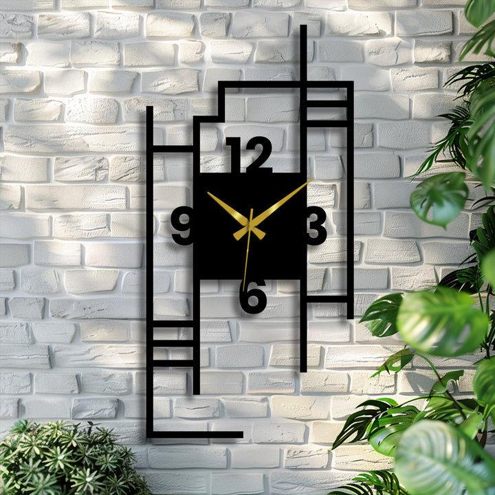 The edge and borders of this modern metal wall clock showcase a unique metal wall art design with a geometric city skyline motif.