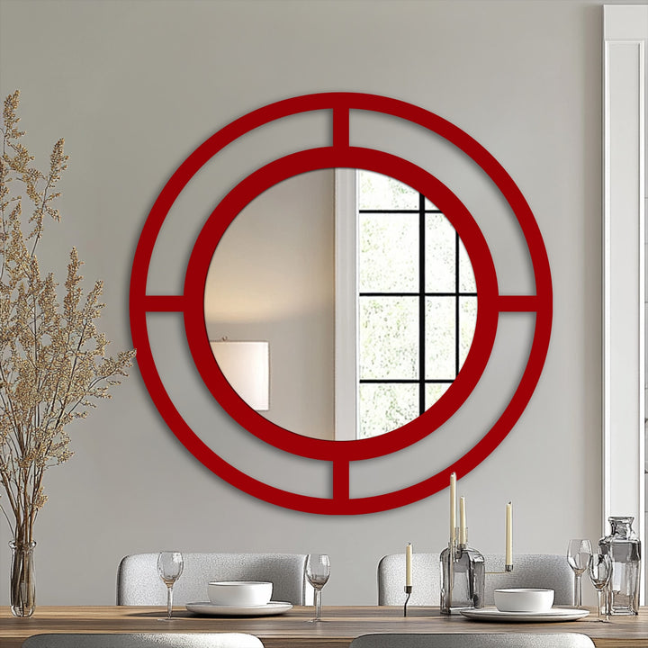 Abstract quality showcased in this modern double ring mirror, an intriguing statement piece, reflecting both surrounding space and contemporary decorating with wall mirrors.