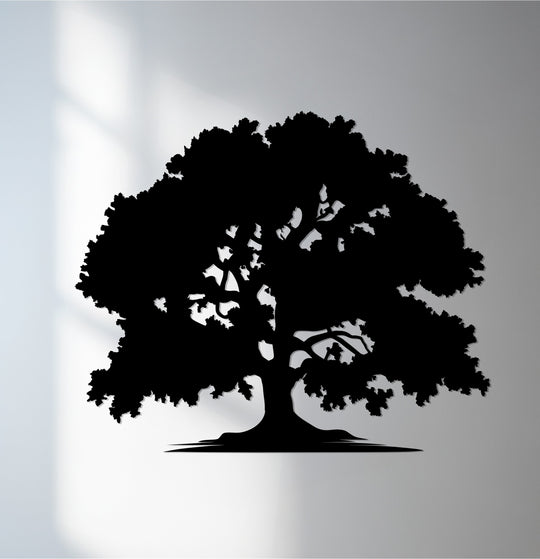 Precision-cut metal art for wall showcases the majestic oak tree of life design, highlighting the material's durability and intricate detailing in this metal wall art piece.