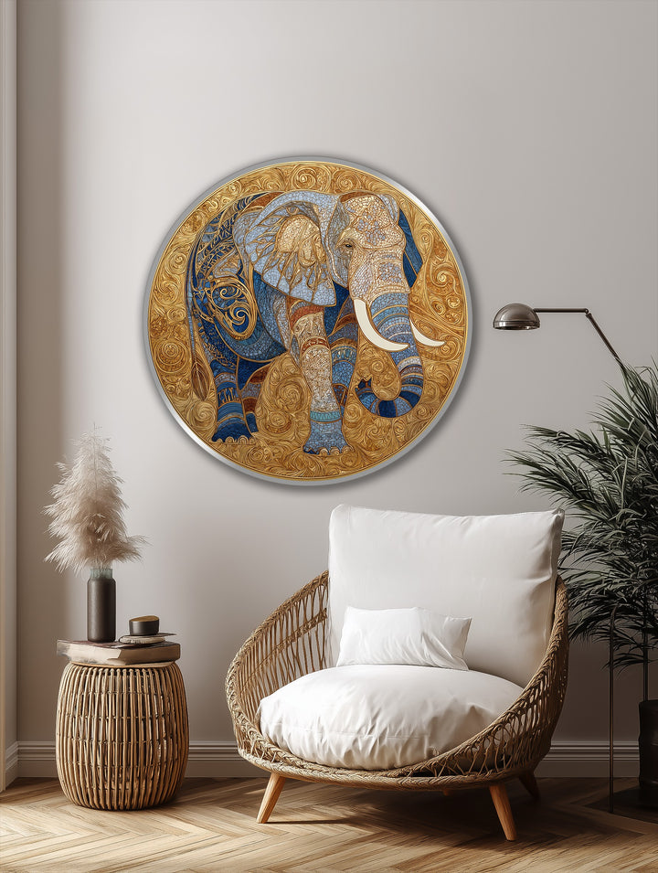 Rich color saturation enhances the stunning details of this round oil painting wall art, featuring a golden ornate elephant medallion with striking blue mosaic accents.